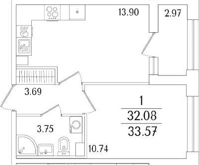 Планировка — Аурум, 2-комн., 32 м²