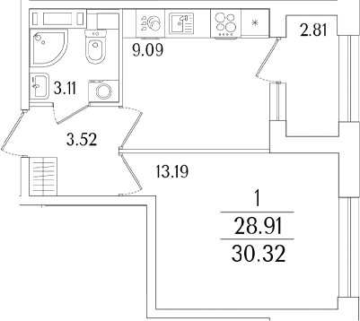 Планировка — Аурум, 1-комн., 29 м²