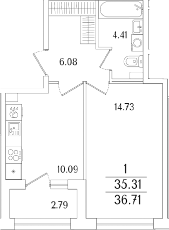 Планировка — Аурум, 1-комн., 35 м²
