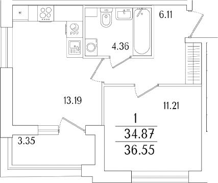 Планировка — Аурум, 2-комн., 35 м²