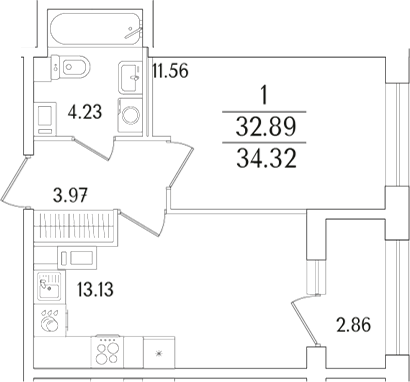 Планировка — Аурум, 2-комн., 33 м²