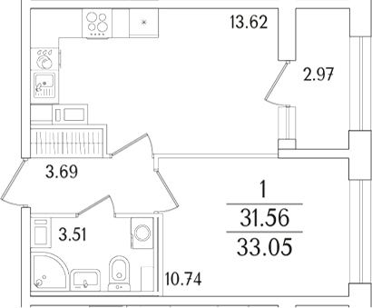 Планировка — Аурум, 2-комн., 32 м²