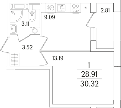 Планировка — Аурум, 1-комн., 29 м²