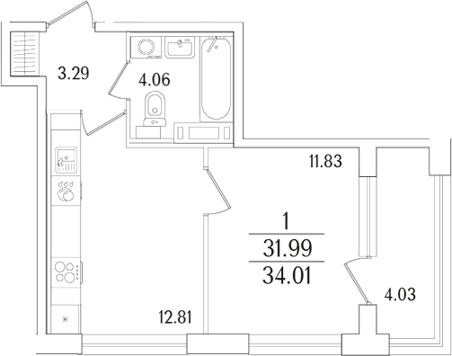 Планировка — Аурум, 2-комн., 32 м²