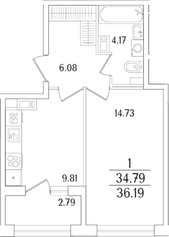 Планировка — Аурум, 1-комн., 35 м²