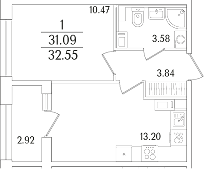 Планировка — Аурум, 2-комн., 31 м²