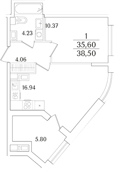 Планировка — Аурум, 2-комн., 36 м²