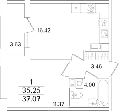 Планировка — Аурум, 2-комн., 35 м²