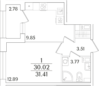 Планировка — Аурум, 1-комн., 30 м²