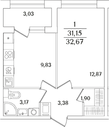 Планировка — Аурум, 1-комн., 31 м²
