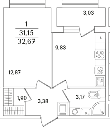Планировка — Аурум, 1-комн., 31 м²