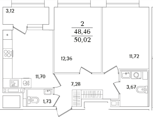 Планировка — Аурум, 2-комн., 48 м²