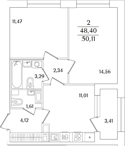 Планировка — Аурум, 2-комн., 48 м²