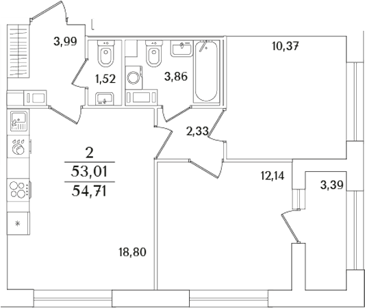 Планировка — Аурум, 2-комн., 53 м²