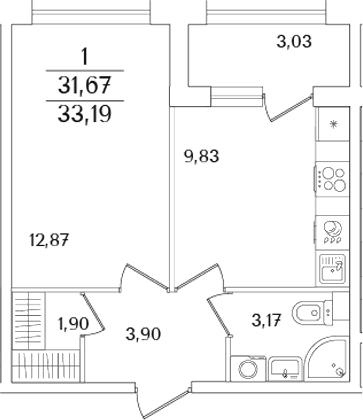 Планировка — Аурум, 1-комн., 32 м²