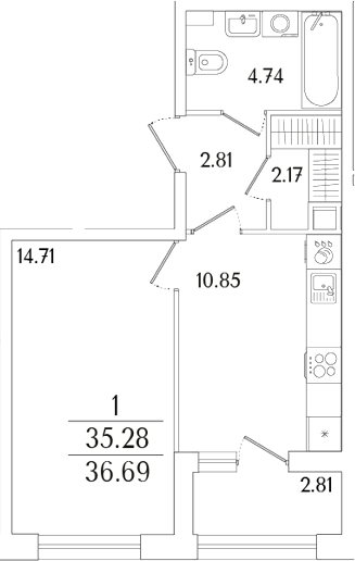 Планировка — Аурум, 1-комн., 35 м²