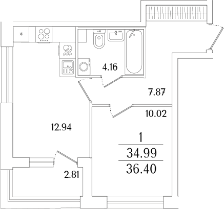 Планировка — Аурум, 2-комн., 35 м²