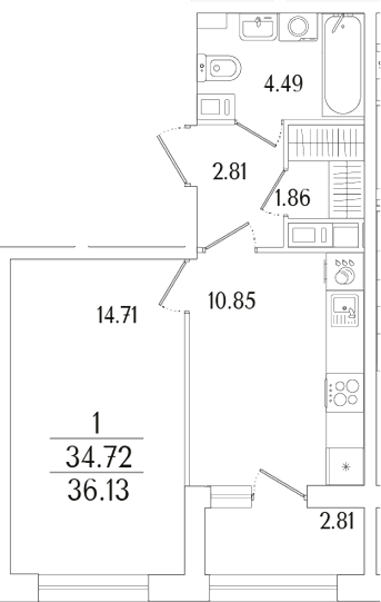 Планировка — Аурум, 1-комн., 35 м²