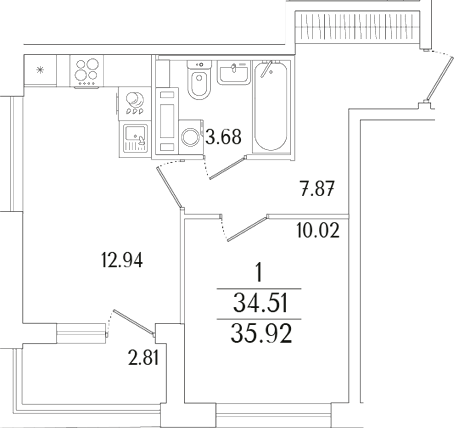 Планировка — Аурум, 2-комн., 35 м²