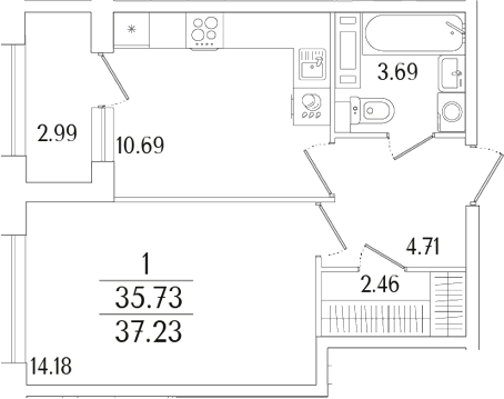 Планировка — Аурум, 1-комн., 36 м²