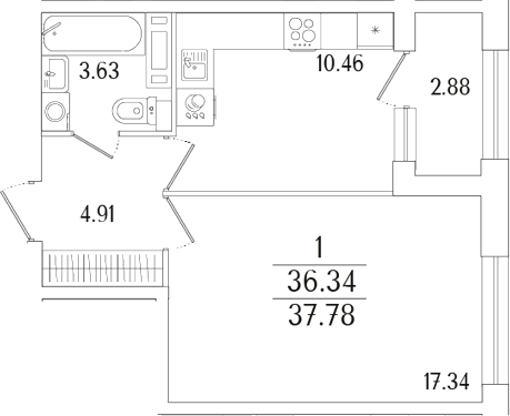 Планировка — Аурум, 1-комн., 36 м²