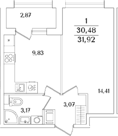 Планировка — Аурум, 1-комн., 30 м²