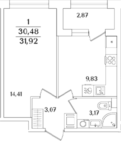 Планировка — Аурум, 1-комн., 30 м²