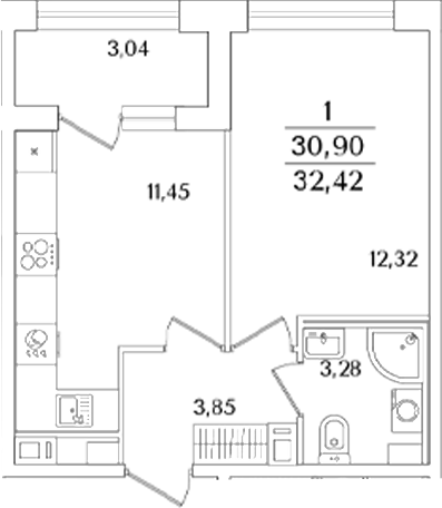 Планировка — Аурум, 1-комн., 31 м²