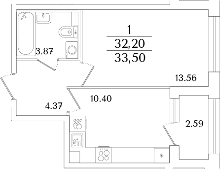 Планировка — Аурум, 1-комн., 32 м²