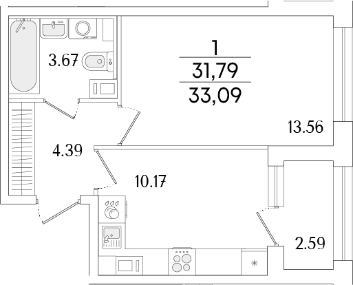 Планировка — Аурум, 1-комн., 32 м²