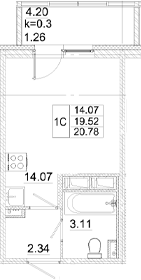 Планировка — Аэросити, Студия, 20 м²