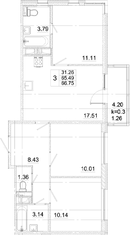 Планировка — Аэросити, 4-комн., 65 м²