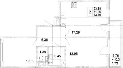 Планировка — Аэросити, 3-комн., 52 м²