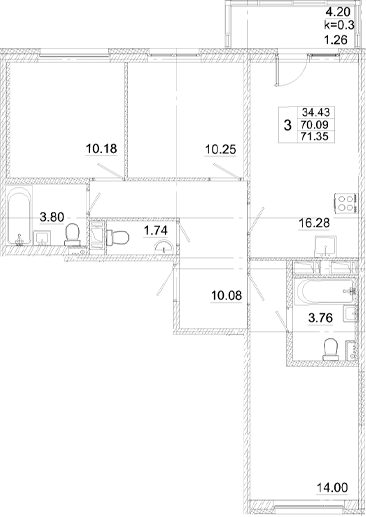 Планировка — Аэросити, 4-комн., 70 м²
