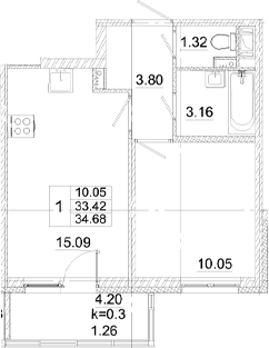 Планировка — Аэросити, 2-комн., 33 м²