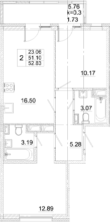 Планировка — Аэросити, 3-комн., 51 м²