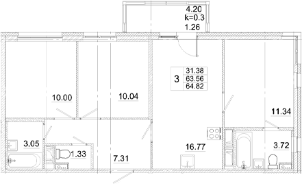 Планировка — Аэросити, 4-комн., 64 м²