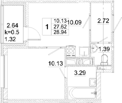 Планировка — Аэросити, 1-комн., 28 м²