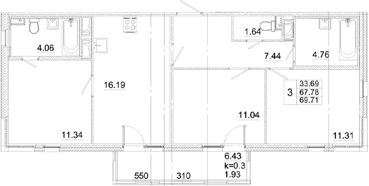 Планировка — Аэросити, 4-комн., 68 м²