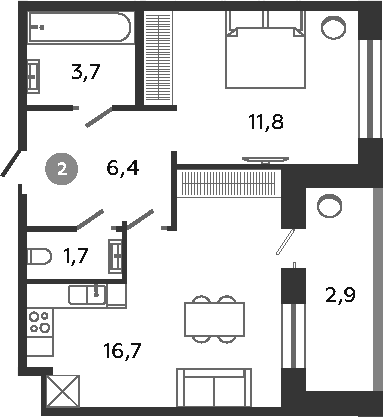 Планировка — Графская слобода в Песках, 2-комн., 40 м²