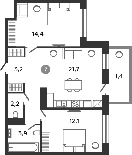 Планировка — Графская слобода в Песках, 3-комн., 58 м²