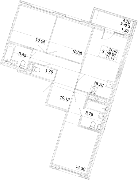 Планировка — Аэросити, 4-комн., 70 м²