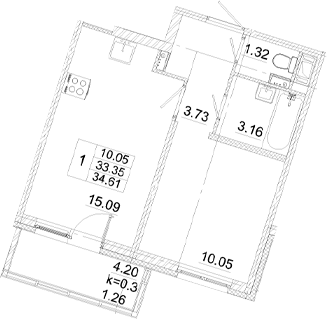 Планировка — Аэросити, 2-комн., 33 м²