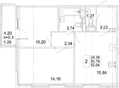 Планировка — Аэросити, 3-комн., 51 м²