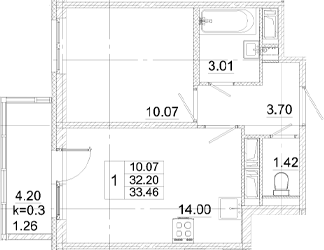Планировка — Аэросити, 1-комн., 32 м²