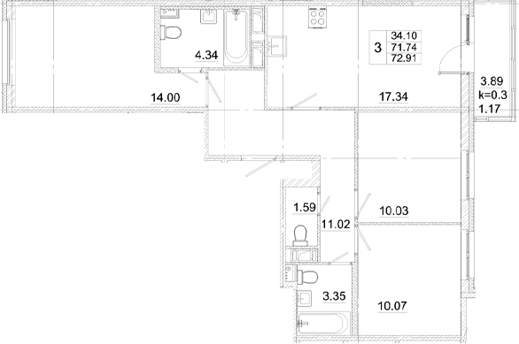 Планировка — Аэросити, 4-комн., 72 м²