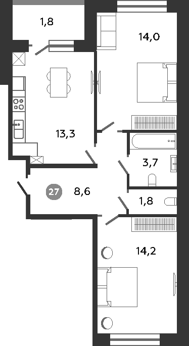 Планировка — Графская слобода в Песках, 3-комн., 56 м²