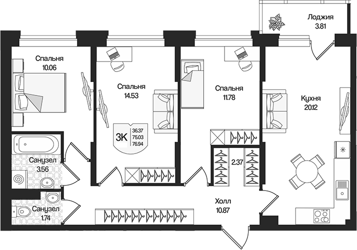 Планировка — Охтинские высоты, 3-комн., 75 м²