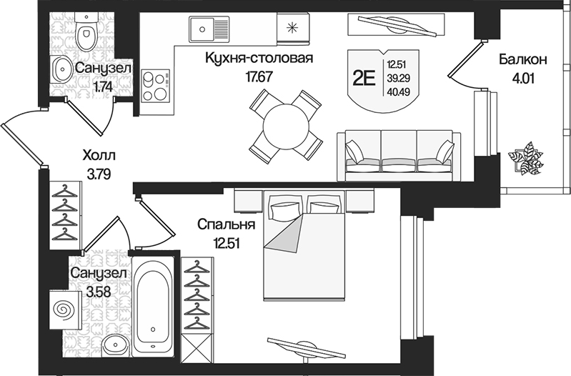 Планировка — Охтинские высоты, 2-комн., 39 м²