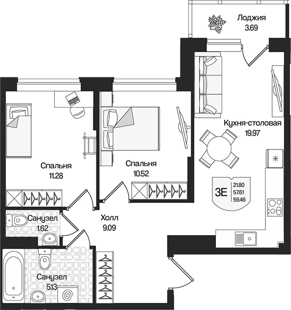 Планировка — Охтинские высоты, 3-комн., 58 м²
